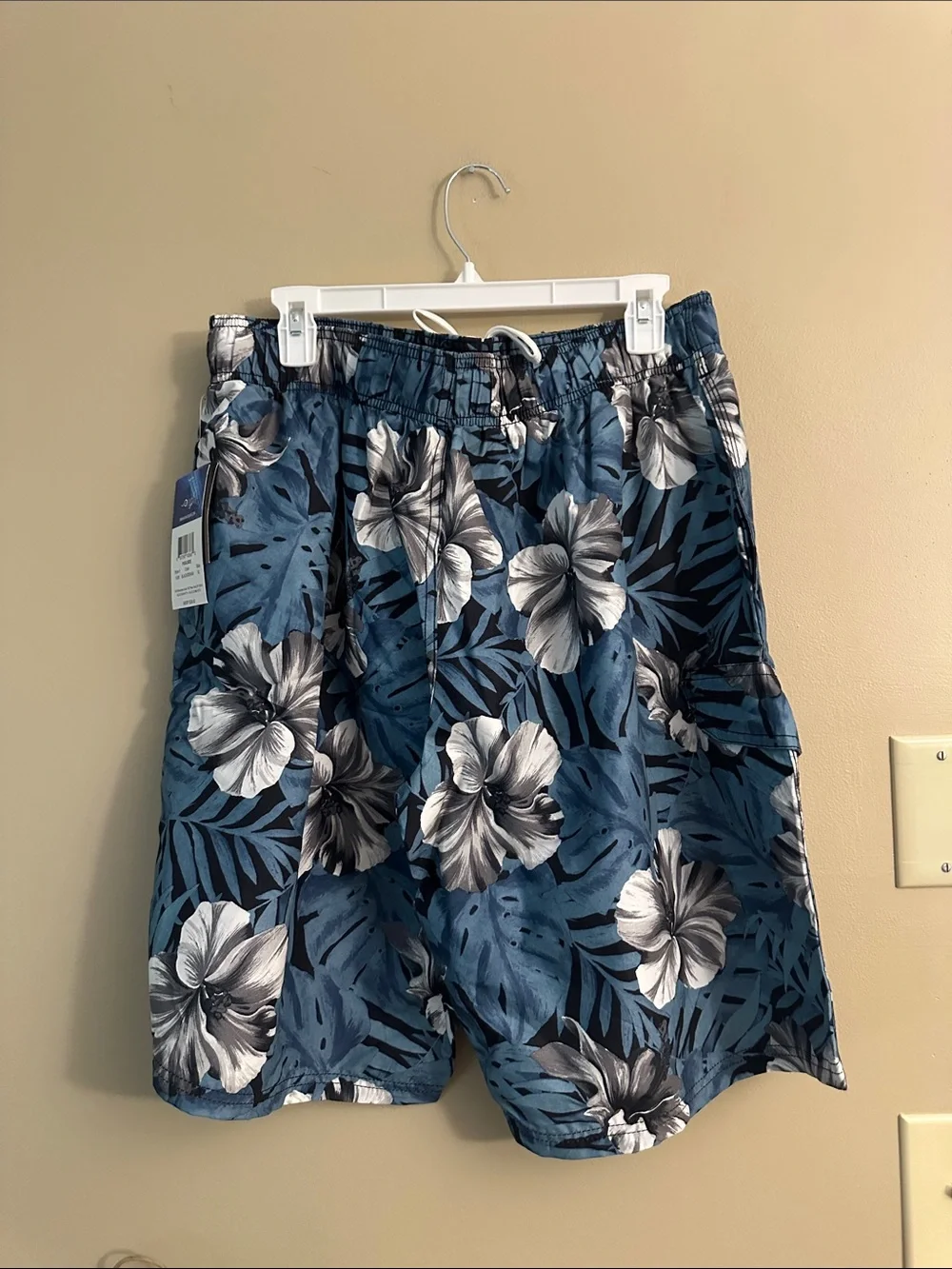 Men's Blue Floral Swim Trunks with Drawstring Waist